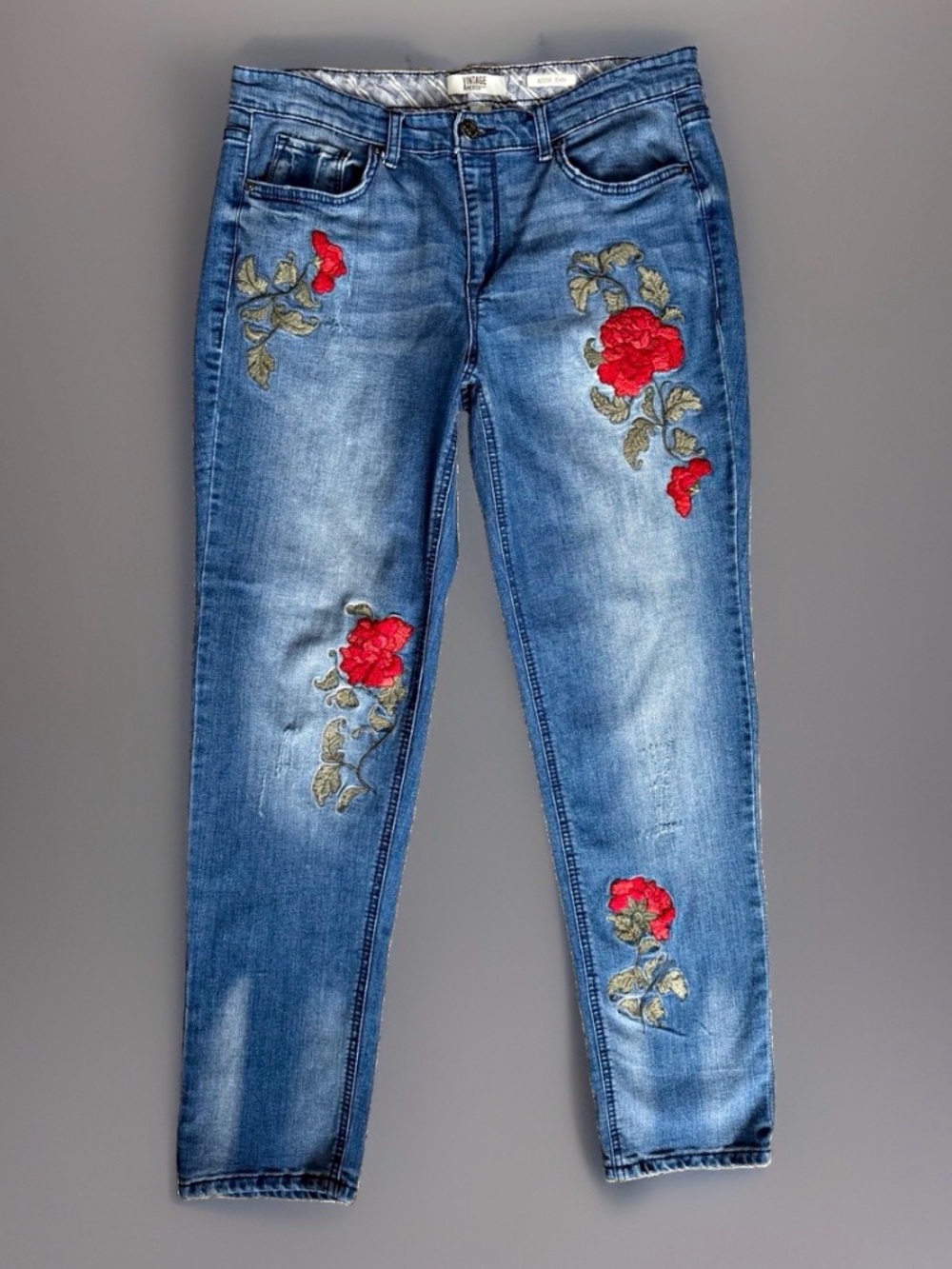 Vintage America Blues Women’s Skinny Jeans embroidered Blue Floral Bestie Boho